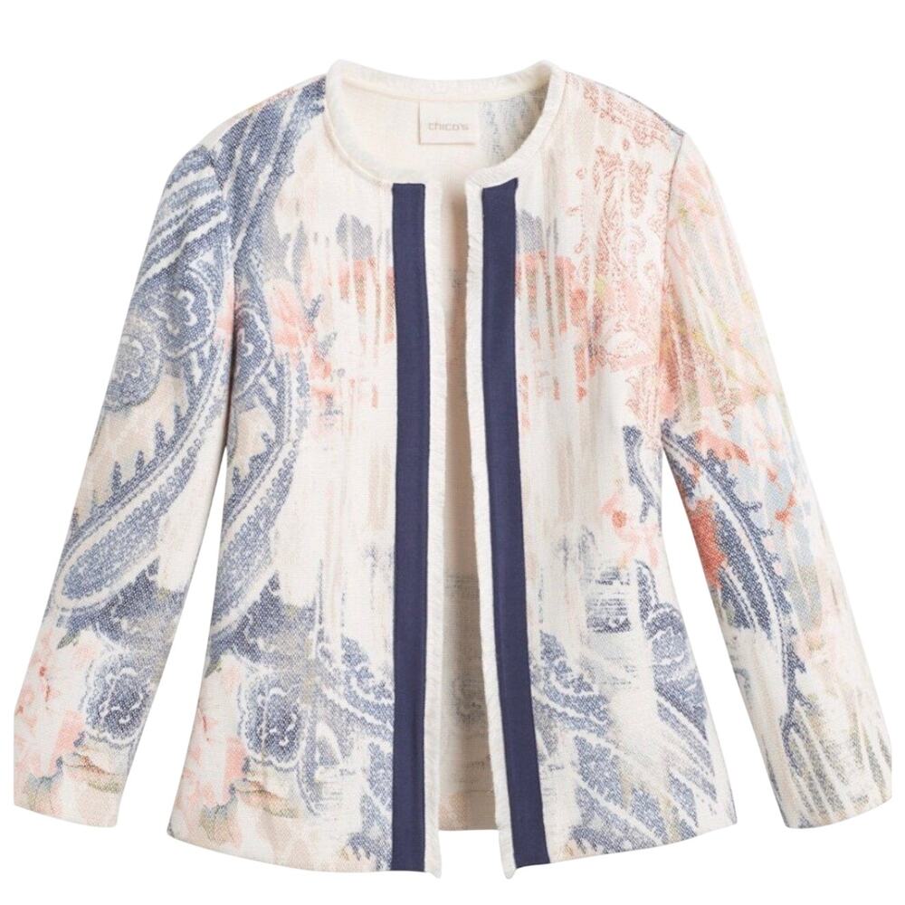 Chico's Open Front Watercolor Textured Jacket, Size Medium